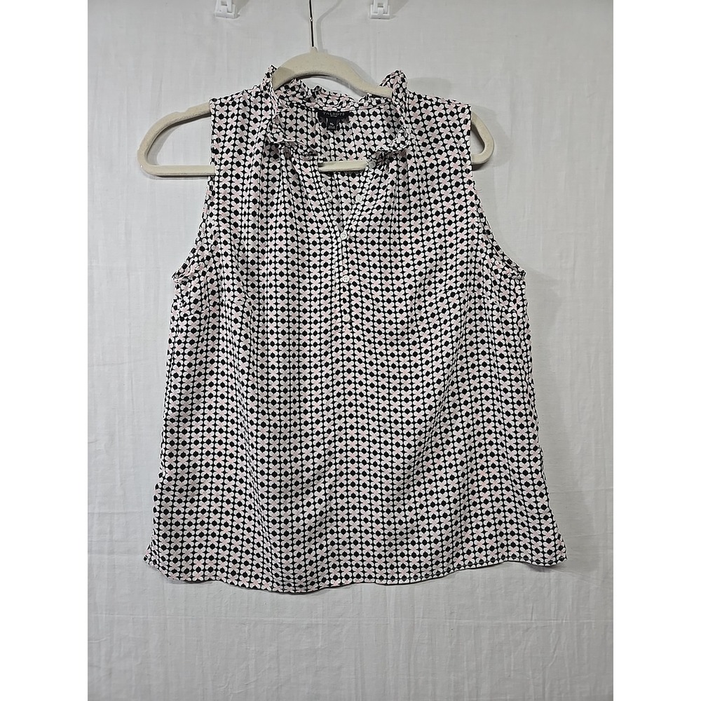 Talbots Women's MP Med Petite Ruffle‎ Collar Sleeveless Blouse Tank Top Pink Geo